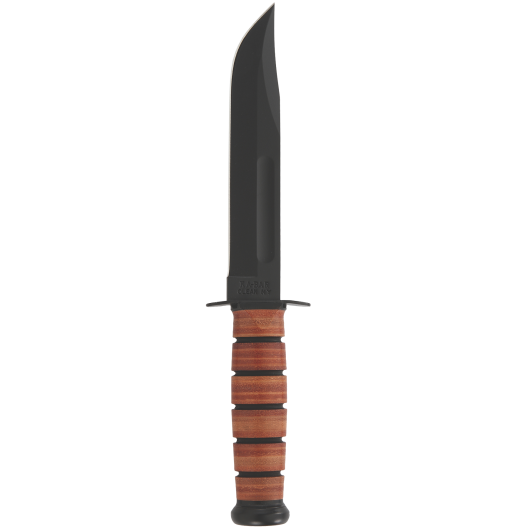 Ka-Bar USMC Fighting Knife 1095 Blade Brown Leather Handle Front Side Vertical