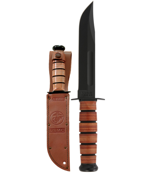 Ka-Bar USMC Fighting Knife 1095 Blade Brown Leather Handle Front Side Vertical With Sheath