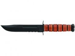 Ka Bar USMC Fighting Knife 1095 Combo Edge Blade Brown Leather Handle Front Side Horizontal