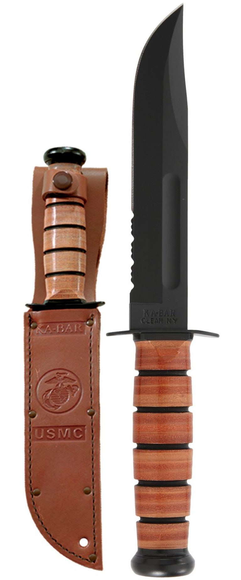 Ka-Bar USMC Fighting Knife 1095 Combo Edge Blade Brown Leather Handle Front Side With Sheath