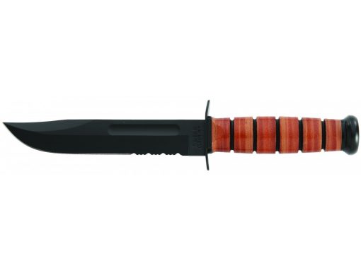Ka Bar US Army Fighting Knife 1095 Combo Blade Brown Leather Handle Front Side Horizontal