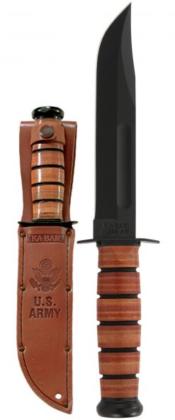 Ka-Bar US Army Fighting Knife 1095 Blade Brown Leather Handle Front Side With Sheath