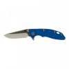 Hinderer Knives XM-18 3.0 Spear Point Flipper Knife with Blue G-10 Handle on a White Background.