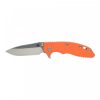 a Hinderer XM-18 3.5" Spearpoint Stonewashed with Orange G-10 that is on a white surface.