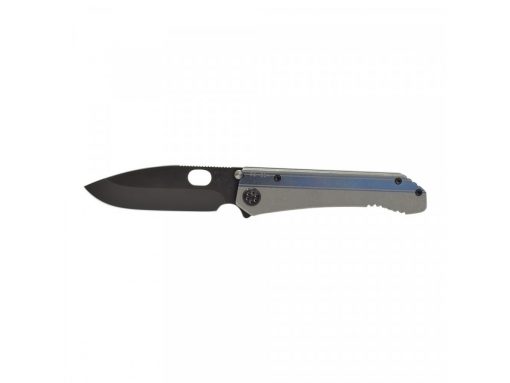 A Medford 187 DP D2 Drop Point PVD Blade Tumbled Titanium Handle with Blue Anodized Racing Stripe on a white background.
