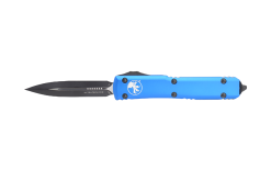 Microtech Ultratech Double Edge OTF Automatic Knife Cool Cobalt Aluminum Handle Front Side Open