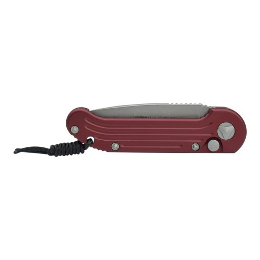 A Microtech LUDT Auto Apocalyptic Drop Point Partially Serrated Blade Red Aluminum Handle pocket knife with a black cord.