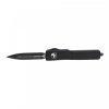A Microtech UTX-70 Auto Black Dagger Blade Black Aluminum Handle on a white background.