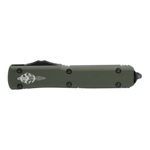 A Microtech Ultratech Hellhound OTF Auto Tanto Serrated Spine Blade OD Green Aluminum Handle with a black handle.