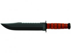 Ka Bar Big Brother Knife 1095 Blade With Top Edge Serration Brown Leather Handle Front Side Horizontal