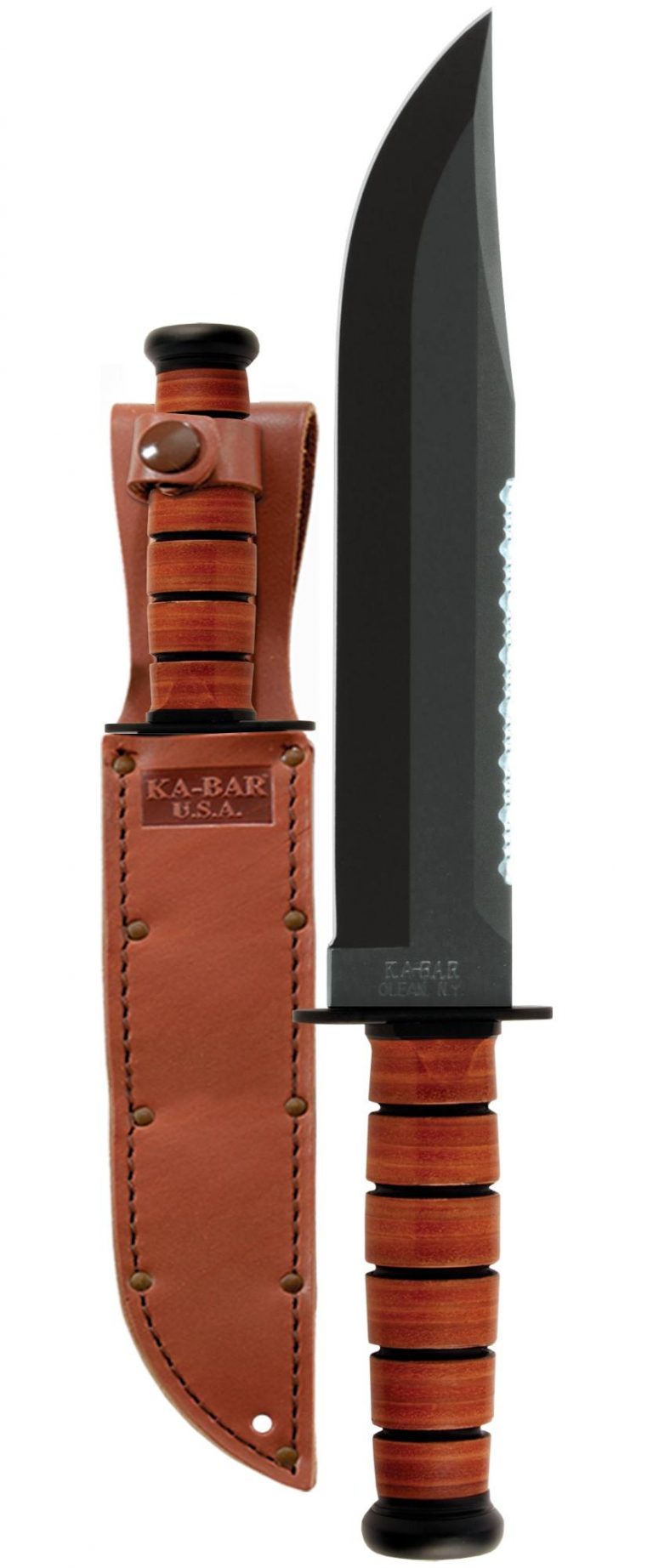 Ka-Bar Big Brother Knife 1095 Blade Brown Leather Handle Front Side With Sheath