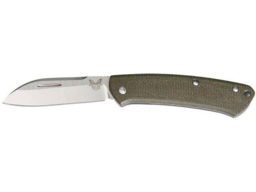 A Benchmade - 319 Proper Slip Joint S30V Blade Green Micarta Handle that is on a white surface.