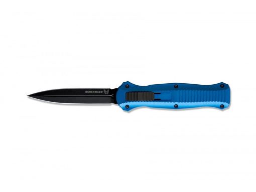 A Benchmade Infidel Auto 3300BK-2001 S30V Blade Blue Aluminum Handle knife with a black handle on a white background.