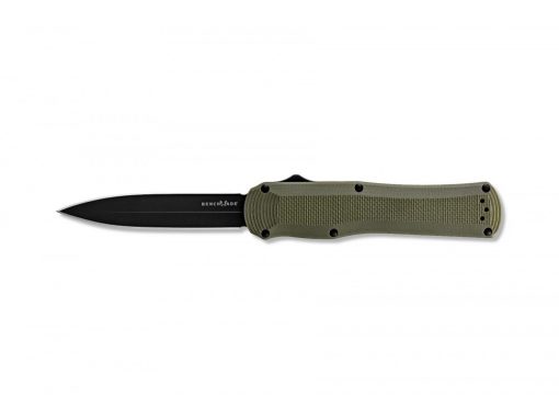 A Benchmade Autocrat Black S30V Blade with OD Green G-10 handle on a white background.