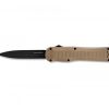 A Benchmade Autocrat Black S30V Blade Coyote Brown G-10 Handle on a white background.