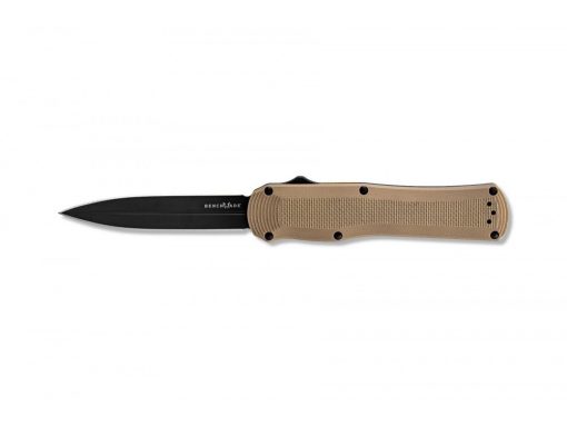 A Benchmade Autocrat Black S30V Blade Coyote Brown G-10 Handle on a white background.