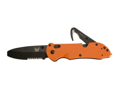Benchmade 916SBK ORG Triage Square Tip N680 Combo Blade Orange G10 Handle With Saftey Cutter Front Side Open