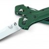 Benchmade 940 Satin S30V Reverse Tanto Blade Green Aluminum Handle Purple Titanium Spacer Front Side Open and Back Side Closed