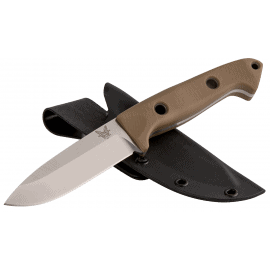 a knife with a brown handle on a gray background.
