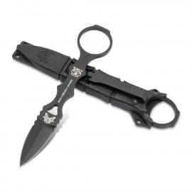 a swiss army knife with a black handle.