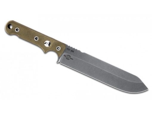 a White River Knife & Tool Firecraft FC7 S35VN Blade with OD Green Micarta Handles on a white background.