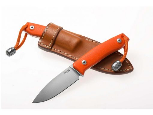 A LionSteel M1 (2.875") Satin M390 Fixed Blade Orange G-10 Handle with a leather sheath on a white background.
