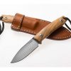 a LionSteel M1 (2.875") Satin M390 Fixed Blade Olive Wood Handle with a leather sheath attached to it.