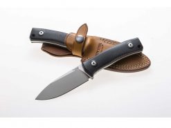 a LionSteel M4 (3.75") M390 Fixed Blade with a black G-10 Handle and leather sheath on top of it.