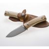 a LionSteel M4 (3.75") Satin M390 Fixed Blade Olive Wood Handle with a leather sheath attached to it.