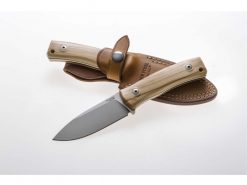 a LionSteel M4 (3.75") Satin M390 Fixed Blade Olive Wood Handle with a leather sheath attached to it.