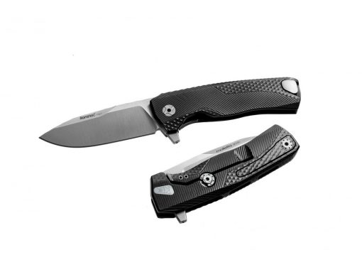 The LionSteel ROK Integral Frame Lock Knife(3.2" Satin) M390 Blade Black Aluminum Handle that is on top of a table.