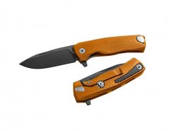 A LionSteel ROK Integral Frame Lock Knife (3.2" Black) M390 Blade with an Orange Aluminum Handle.