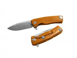 A pair of LionSteel ROK Integral Frame Lock Knives (3.2" Satin) with orange aluminum handles sitting next to each other.