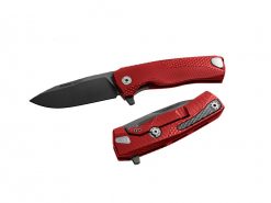 A LionSteel ROK Integral Frame Lock Knife (3.2" Black) with a red aluminum handle on a white background.