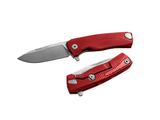 A LionSteel ROK Integral Frame Lock Knife (3.2" Satin) with a red aluminum handle on a white background.