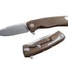 a LionSteel ROK Integral Frame Lock Knife (3.2" Satin ) M390 Blade Bronze Titanium Handle with a brown handle and a white handle.