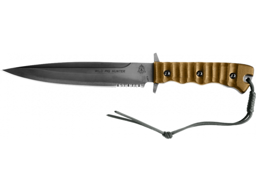 TOPS Knives Wild Pig Hunter Black River Wash 1095 Spear Point Blade Green Canvas Micarta Handle Front Side Horizontal