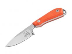 A White River Knife & Tool M1 Backpacker Pro S35VN Orange G-10 Handle on a white background.