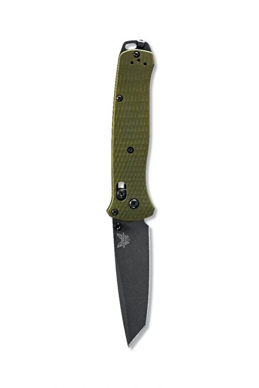 A Benchmade Bailout CPM-M4 Tanto Blade OD Green Ano Aluminum Handles on a white background.