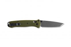 A Benchmade Bailout CPM-M4 Tanto Blade OD Green Ano Aluminum Handles with a black handle on a white background.