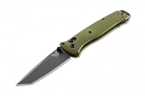 a Benchmade Bailout CPM-M4 Tanto Blade OD Green Ano Aluminum Handles on a white background.