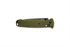 A Benchmade Bailout CPM-M4 Tanto Blade OD Green Ano Aluminum Handles on a white background.