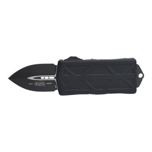 Microtech Exocet Black Double Edged CA Legal OTF Tactical Automatic Knife Black Handle Front Side Open