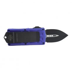 Microtech Exocet Black Double Edged CA Legal OTF Automatic Knife Purple Handle Back Side Open