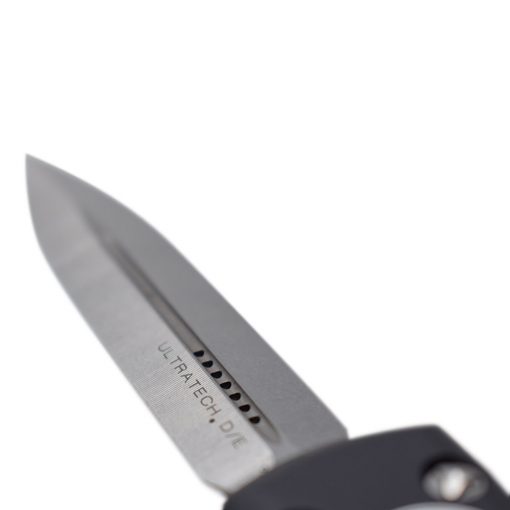 Microtech Ultratech Double Edge Dagger Stonewash OTF Automatic Knife Black Handle Blade Close Up