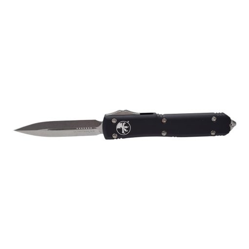 Microtech Ultratech Double Edge Dagger Stonewash OTF Automatic Knife Black Handle Front Side Open