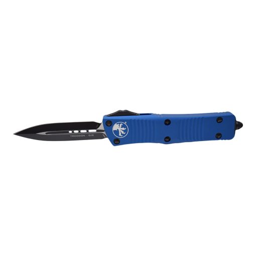 Microtech Troodon Black Double Edge Dagger OTF Automatic Knife Blue Handle Front Side Open