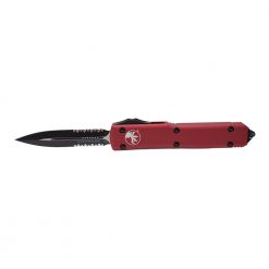 Microtech Ultratech Black Serrated Double Edge Dagger OTF Automatic Red Handle Front Side Open