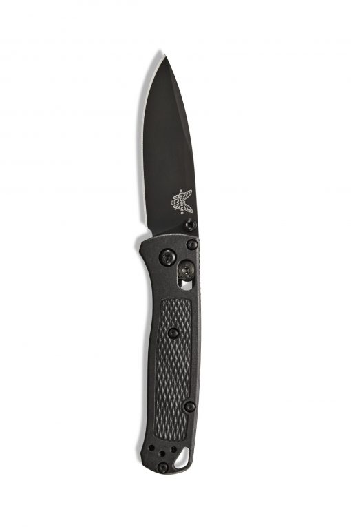 a knife with a black handle on a white background.