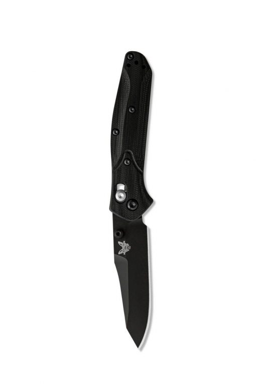 a Benchmade Mini Osborne 945BK-1 Black Cerakote Reverse Tanto Blade Black G-10 Handle on a white background.